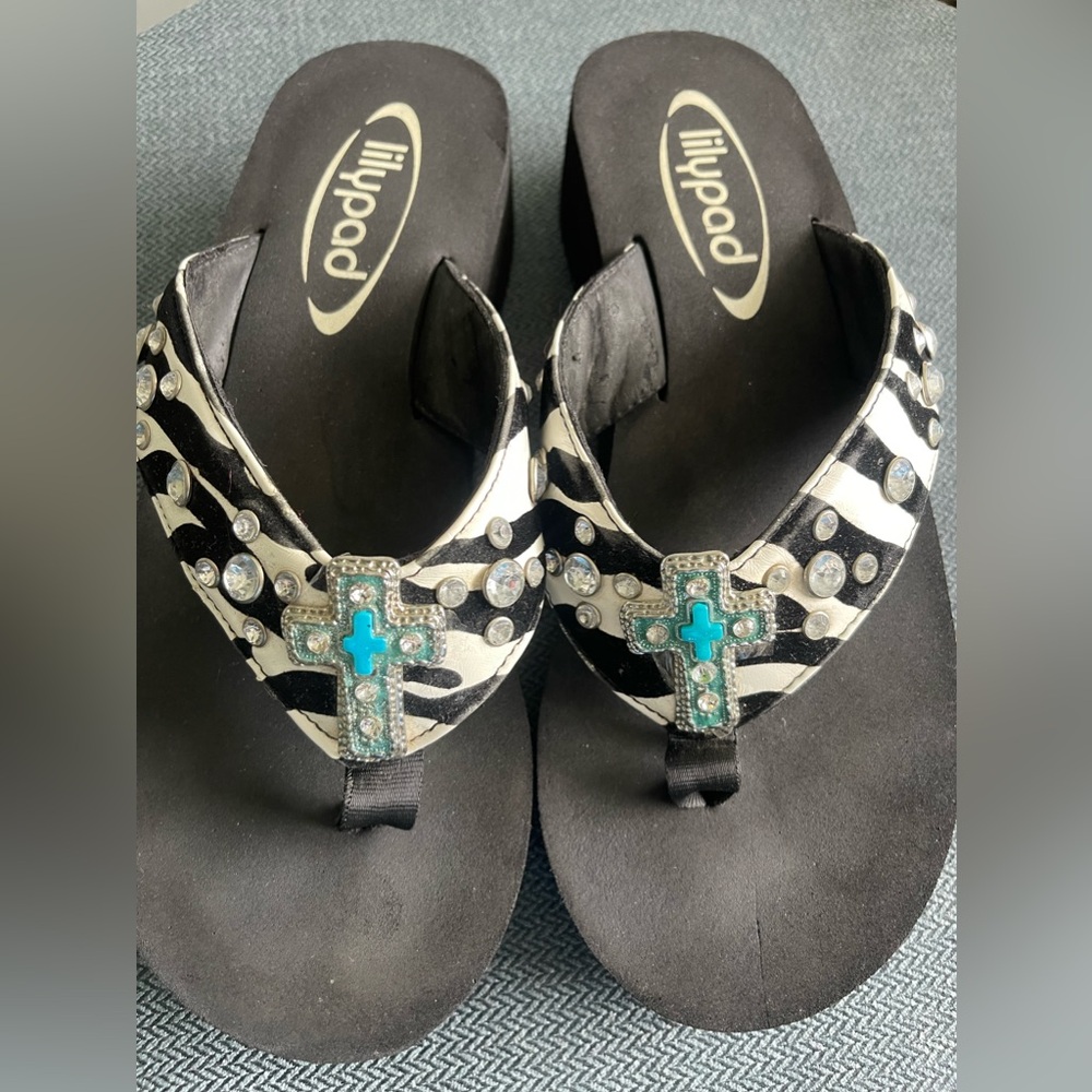 lilypad Zebra print bejeweled Flip Flops. Size 8